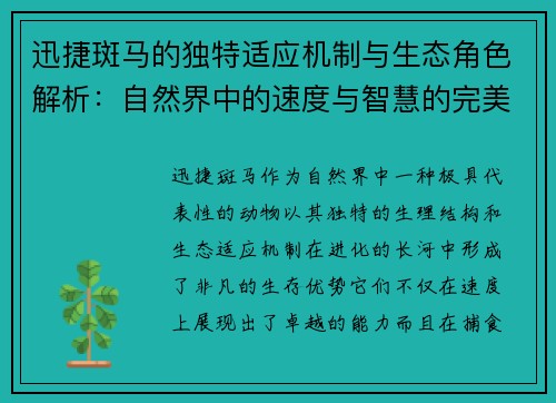 迅捷斑马的独特适应机制与生态角色解析：自然界中的速度与智慧的完美结合